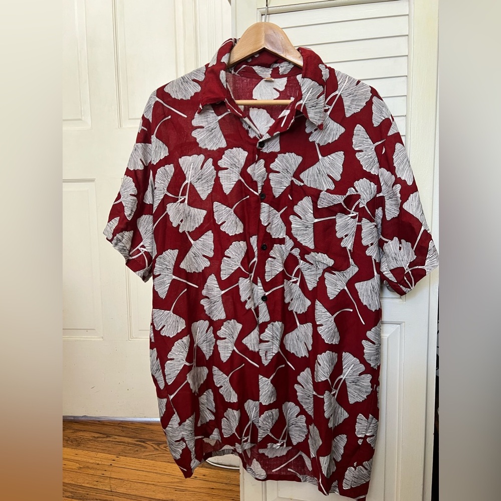 Burgundy Hand-Made 100% Rayon Indonesian Short Sleeve With Ginko Leaves Print